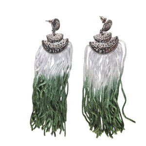 Boho Silver Tone Green Ombre Tassel Dangle Earrings